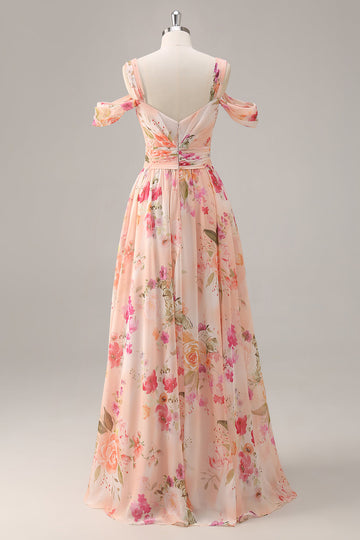 Różowy Kwiat Kształcie Litery A Zimne Ramię Długa Sukienki Na Wesele z Rozcięciem